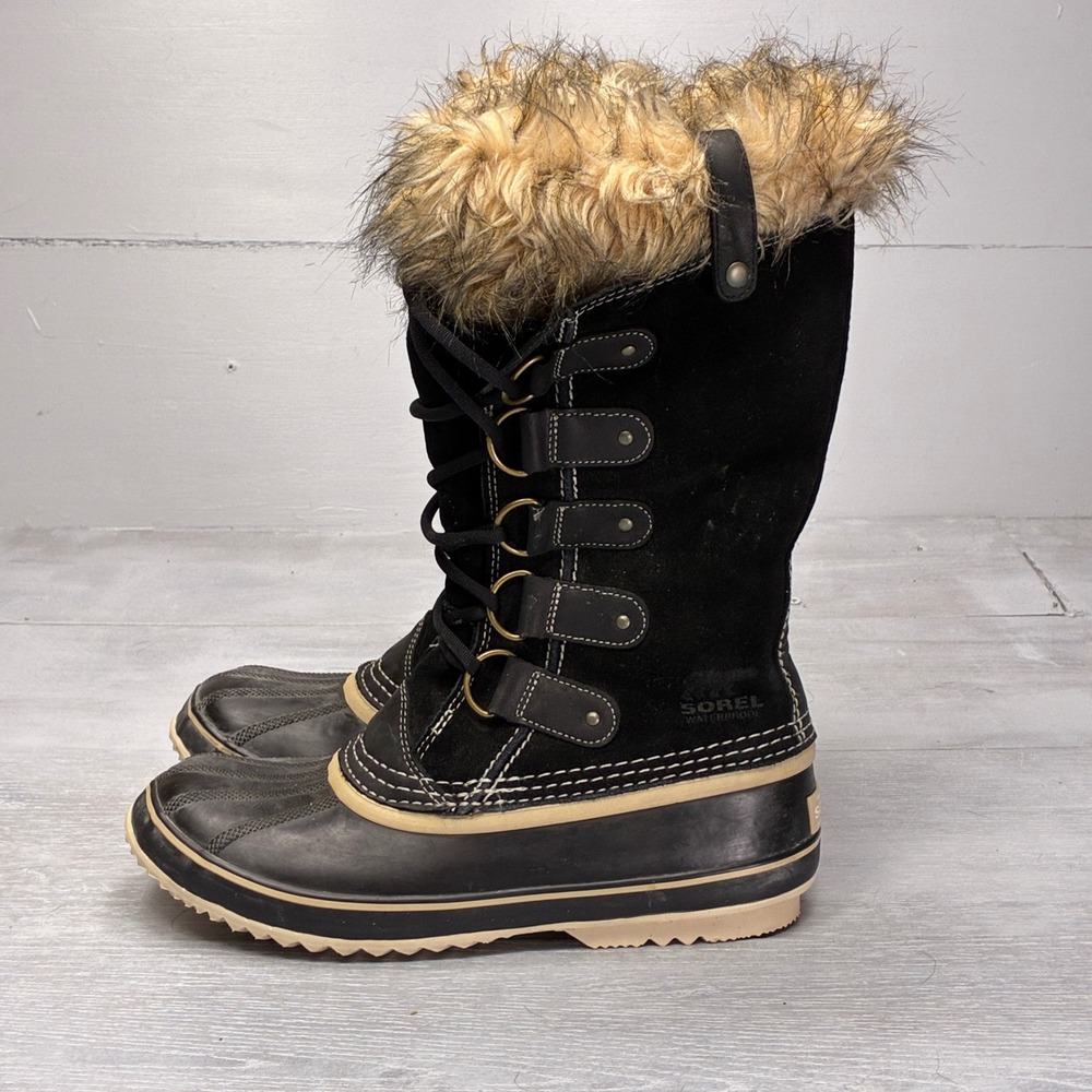 Sorel Joan of Arctic Boots Womens 11 Black Waterproof Faux Fur Snow NL1540-010